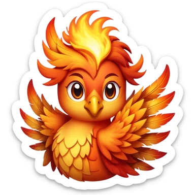 Cinematic Cute Mystical Fire Phoenix Portrait Emoji, Head tilted playfully and inquisitively, showcasing a vibrant, flame-kissed form with intricately detailed feathers in warm shades of red, orange, and shimmering gold, accented by delicate sparks and a gentle, inviting glow; rendered with lifelike detail and soft, radiant light, high shine, enchanting and spirited, styled with a touch of mythic whimsy, soft glowing outline, capturing the essence of a mischievous yet endearing phoenix poised to flutter playfully into your heart! sticker