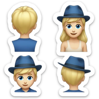 male baby with blonde hair and big blue eyes with a fedora sticker