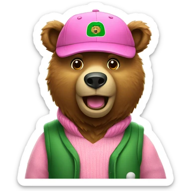 Brown bear wearing green baseball cap and pink sweater with vest sticker