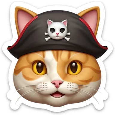 Premium 3D emoji icon of cat, pirate theme, high detail, glossy finish, claymorphism style, soft studio lighting, isolated on white background, 8k resolution, stylized professional look --v 6.0 sticker