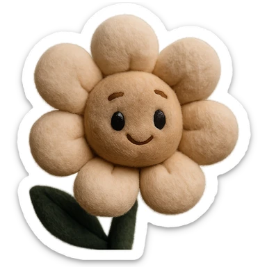 a plush flower, soft and cute, with stitched petals and a smiling face sticker