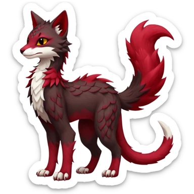 Kawaii dark-brown and crimson-red beautiful pretty elegant divine edgy fantasy feline-vernid-sergal-fursona animal creature with a tufted tail full body with intricate markings  sticker