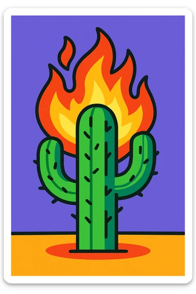cactus on fire, vibrant cartoon style sticker
