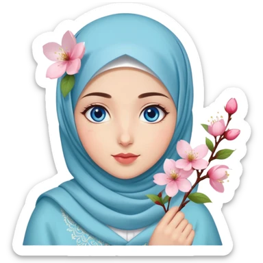 Turkish beautiful finish Konya girl blue eyes with hijab islamic dress and had on her hand cherry blossom sticker