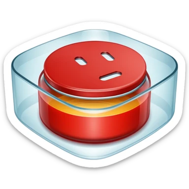 A big red round button under a square-shaped glass lid sticker