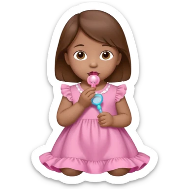 A 1 year old girl with a pacifier and brown hair brown eyes and pink dress sticker