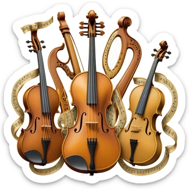 Create a sophisticated, festive, and professional emoji collage resembling a coat of arms, symbolizing string instruments. The design should feature several string instruments, such as a violin, cello, guitar, and harp, arranged in an elegant, balanced composition. Each instrument's neck (fingerboard) should intertwine with flowing musical notes, forming a ribbon-like structure that weaves through the instruments. The strings of the instruments should be emphasized, creating a dynamic and elegant effect. Use rich gold and silver accents to highlight the professional quality of the instruments, with deep wooden tones for the body of each instrument. Surround the instruments with a subtle border, resembling a heraldic crest, and add small decorative elements like laurel leaves or subtle flourishes. The background should be transparent to keep the design clean and polished. sticker