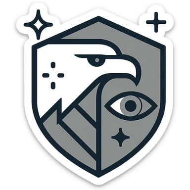 modern minimalistic logo for defense intelligence agency-inspired organization, geometric shield with stylized eagle head, digital star motifs, abstract eye elements, dark blue gray metallic silver colors, clean bold futuristic conveying security intelligence authority sticker
