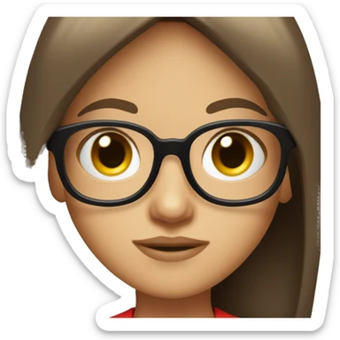 pretty girl with long brown hair and bangs wearing black glasses and a red shirt sticker