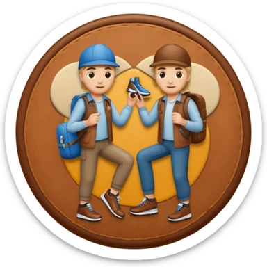 circular achievement style badge featuring two people working together making a sneaker sticker