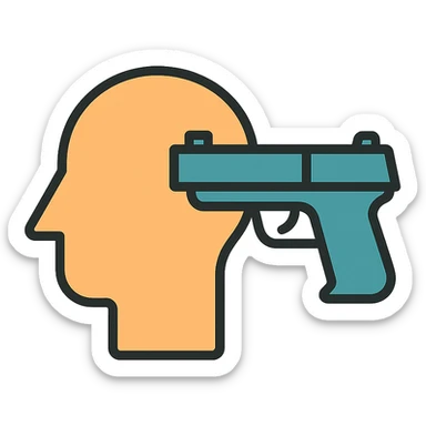 symbolic icon of a head with a gun next to it, minimal, no graphic violence, flat colors sticker