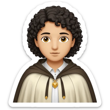 Apariencia: Joven de unos 25-30 años, atractivo,.
-Rostro: Ojos oscuros, piel ligeramente morena, rasgos árabes finos.
-Cabello: Negro, rizado corto, viste como cristiano (camisa blanca, capa corta, colores sobrios). Que salga de cuerpo completo sticker