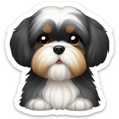 Shih tzu black puppy, yorkie coloring with light colored eyebrows. Round face, short ears. Looks like teddy bear  sticker