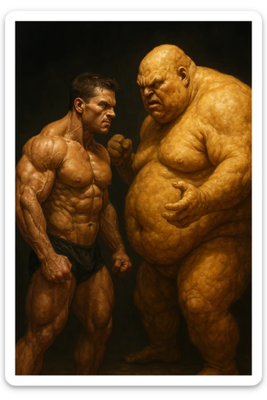 realistic scene of a muscular bodybuilder confronting personified body fat as an adversary, intense atmosphere, detailed natural features, 2:3 aspect ratio sticker