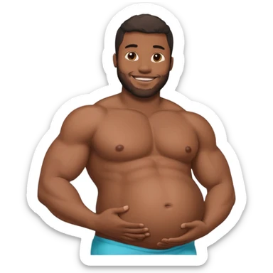 A shirtless pregnant burly black man holding his pregnant belly  sticker