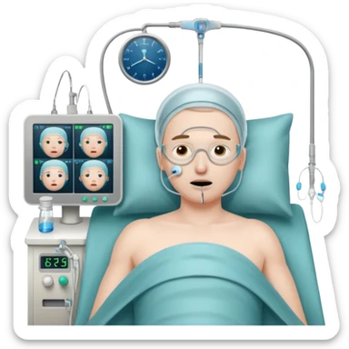a PATIENT waking up before a surgery, with monitors and nasal canula sticker