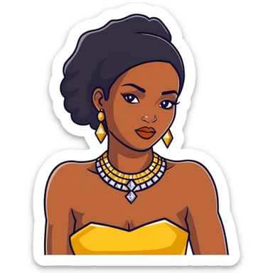 beautiful, curvy African American woman with dark brown skin, straight black hair, bold makeup, gold jewelry, diamonds, confident pose, inspired by Bratz doll sticker