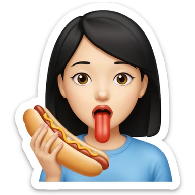 Black haired girl holding hotdog near mouth pretending to lick it sticker