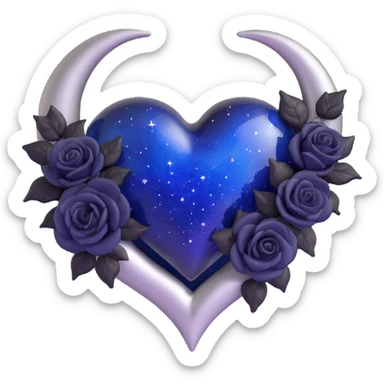 3D emoji gothic heart, midnight blue glass, silver crescent moon, tiny black roses, shimmering stardust, mysterious and rich sticker