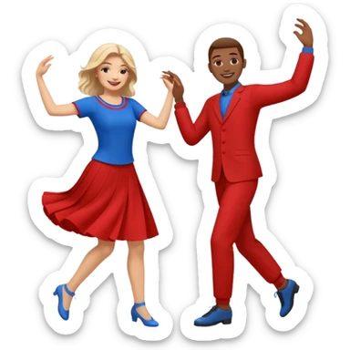 Two people dancing wearing bue and red sticker