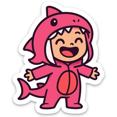 cute cartoon girl with white hair in a pink shark onesie, big happy smile sticker