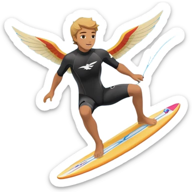 An athlete in a wetsuit riding a winged kiteboard, soaring above the waves with a powerful breeze beneath a clear blue sky. The scene captures the dynamic motion of the sport, with the ocean waves and kite gliding through the air, symbolizing freedom and adventure. sticker