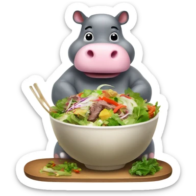 A moo Deng hippo making Thai beef salad sticker