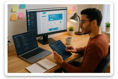 A programmer working with both a tablet and a laptop, modern workspace, digital tools visible, energetic and creative vibe. sticker