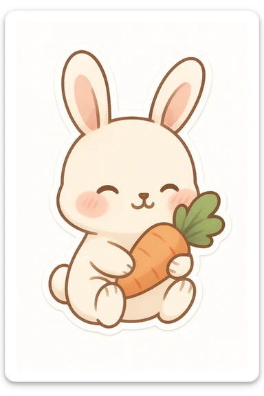 chibi sticker of a blushing bunny holding a carrot, pastel colors, white background sticker