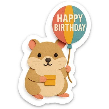 hamster holding a colorful balloon with 'Happy Birthday' text, paper-craft style sticker
