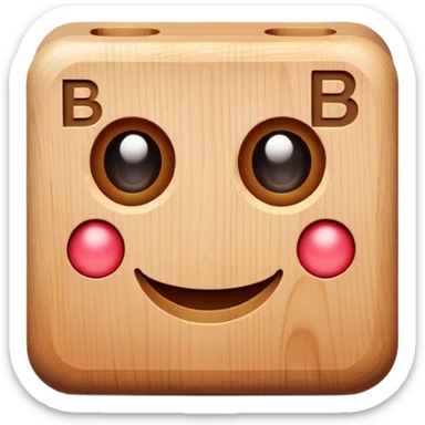 A wooden letter B block toy with adorable eyes and a happy expression sticker