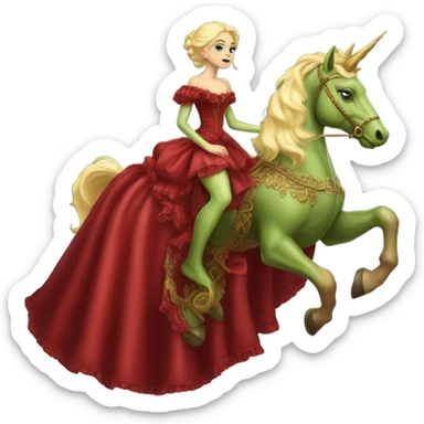 "galora green blonde alien woman" in red Victorian elegant dress, full body, rides unicorn gold
NO WOKE
 sticker