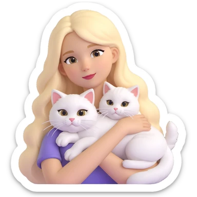 girl with long blonde hair, white fluffy cat lying on her left shoulder and neck, emoji style for Discord and Slack sticker