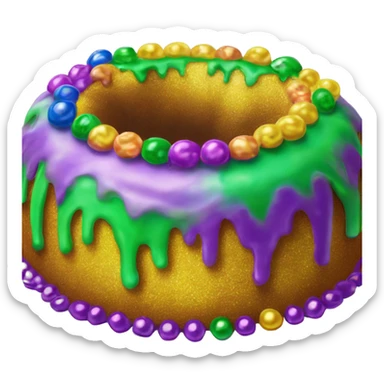 Realistic round bundt glitter icing king cake isolated with Mardi Gras beads layer across the top of the cake.  sticker