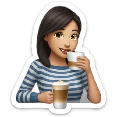 Girl with dark hair, wearing jeans and striped sweater, drinks hot cappuccino  sticker