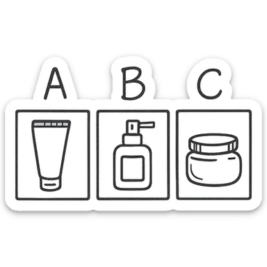 three boxes with "A", "B", "C" labels, inside those boxes there are some beauty products sticker