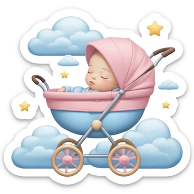 sleeping baby with closed eyes in pink and beige stroller with pastel blue clouds around it sticker