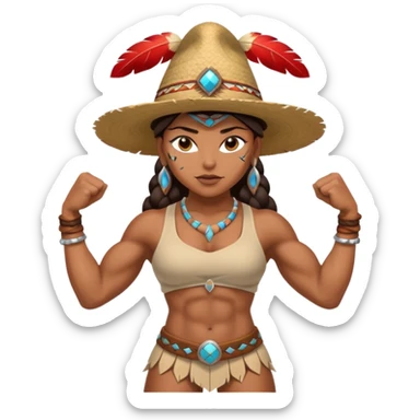 native american brown skin sexy girl, flexing muscles, full body, muscled, with traditional outfit and hat sticker