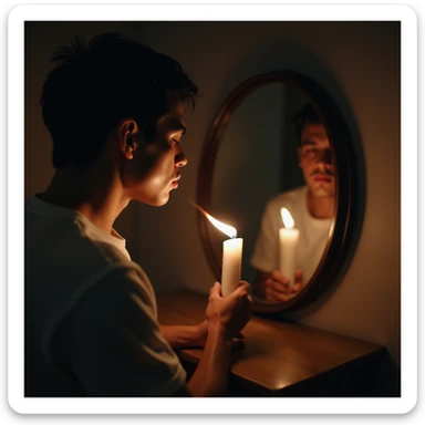 symbolic 4K detailed scene of a man blowing out candles and seeing his reflection in a mirror with a flame (metabolism) fading, symbolic atmosphere sticker