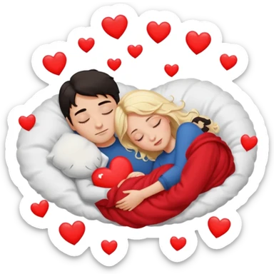 Sleeping couple. two people. man has dark hair. woman is blonde. hearts surrounding them. sticker