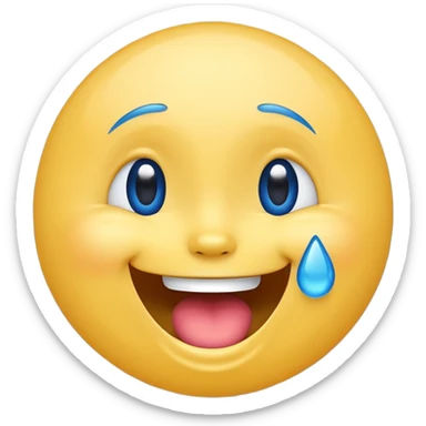 Emoji, yellow round laughing face, blue tears of joy on it  sticker