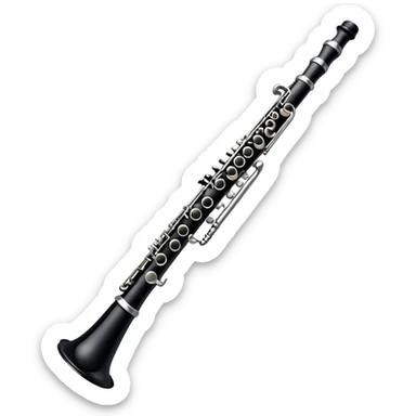 Cinematic Realistic Clarinet, deep black body with gleaming silver keys, rich warm lighting catching every intricate detail, slightly worn mouthpiece adding authenticity, glowing with a timeless and sophisticated presence. sticker