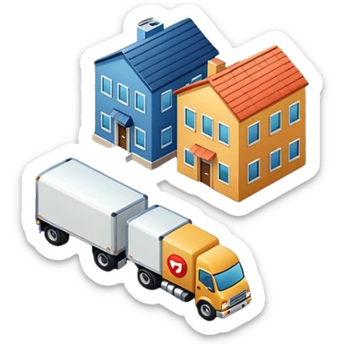top view of a truck, package, company building, and house side by side, connected by street lines, clear layout, apple emoji style sticker