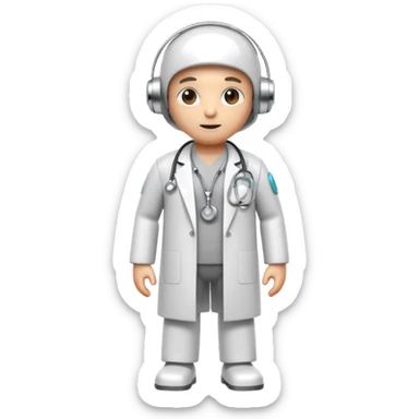 medical robot wearing a white coat and a stethoscope sticker