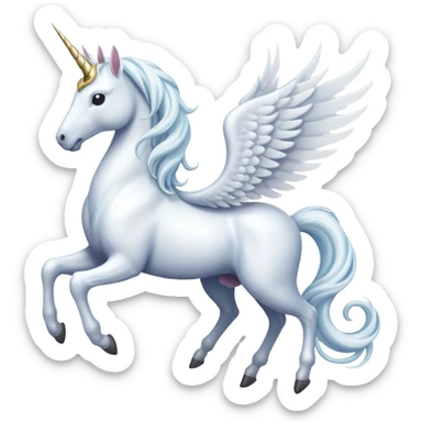 All white Cinematic Noble Unicorn with wings, slender with a flowing mane and tail and spiraled horn sticker