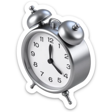realistic metallic alarm clock icon in skeuomorphism style, shiny chrome and glass details sticker