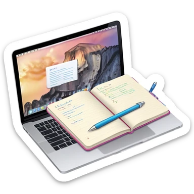 top view of a MacBook and a notebook with a pen nearby, notebook with visible notes sticker