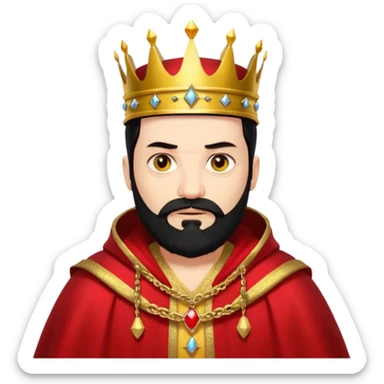 

a yellow king, red eyes, 60 years old, black hair, black beard, wearing a crown, red robe, fierce face emoji
 sticker