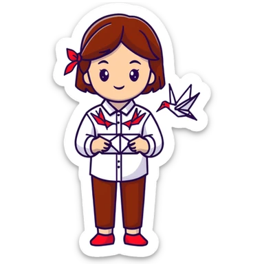 Happy Ukrainian young girl with brown hair in a white embroidered shirt holds an origami red crane sticker