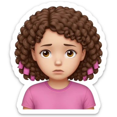 Young girl with curly hair and a pink T-shirt, looking sad and discouraged sticker